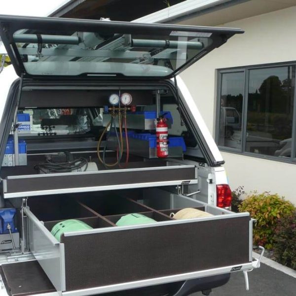 Construction Fitouts Double Drawer with custom dividers for Refrigerant bottles and roof hung shelving