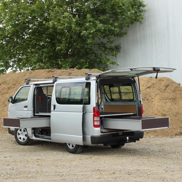 Construction Fitouts Single Drawers fitted in rear and side door of van with false floor