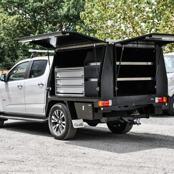 Holden Colorado Electricians Fitout 3 Door Integrated Service Body, Internal Shelving, 3 Bar Roof Racks and Slamlock Drawer Unit
