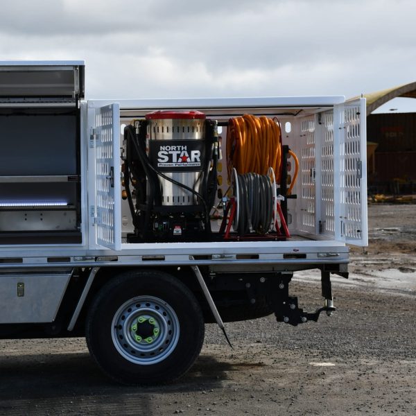 Steam Cleaner Fitout: Flat Deck, 2 Door Box Body, Underdeck Boxes, Beacons + Cage Unit with Barn Doors